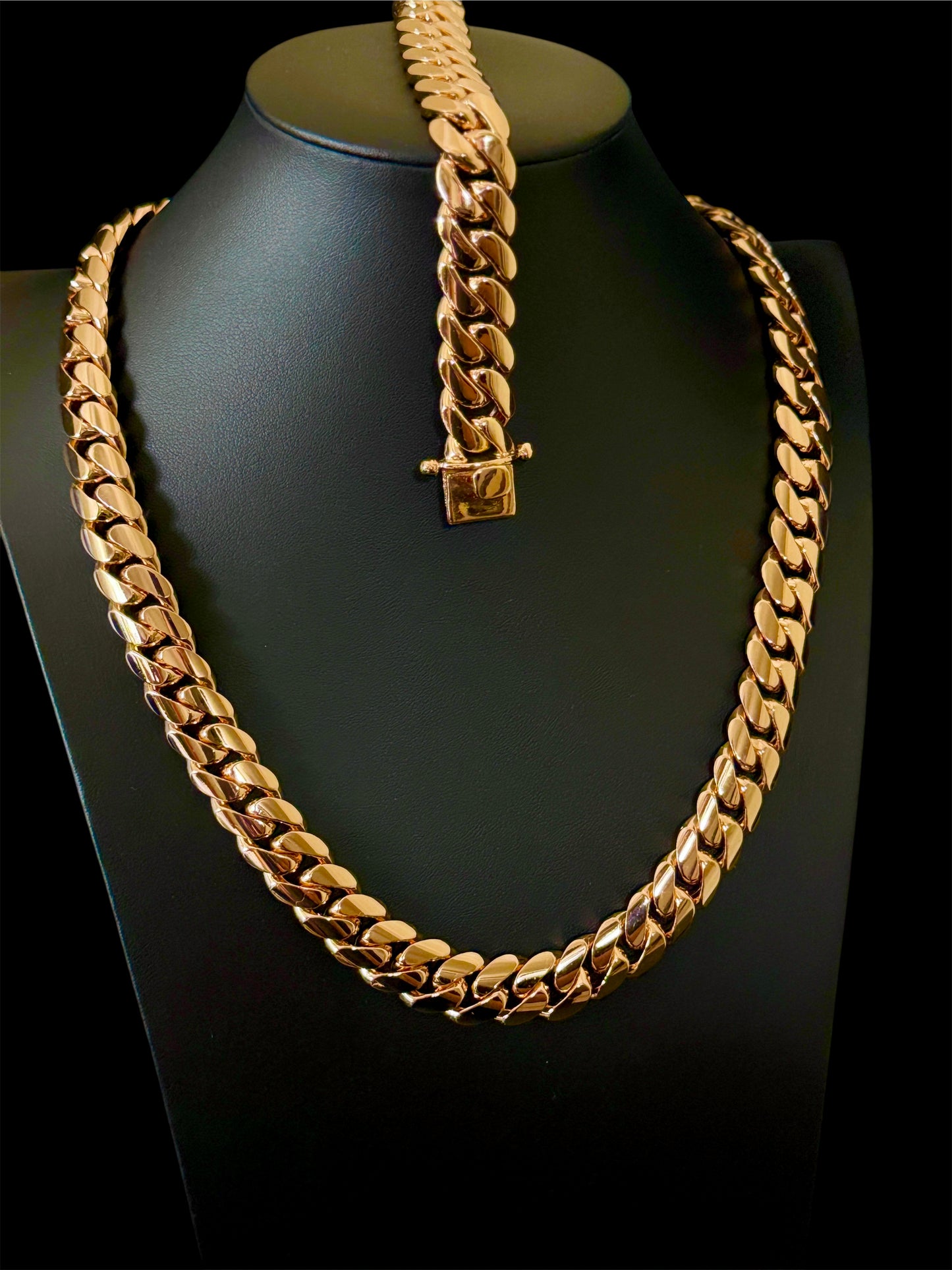 Miami Solid Cuban Chain 14MM – 14KT Gold Over 925 Silver