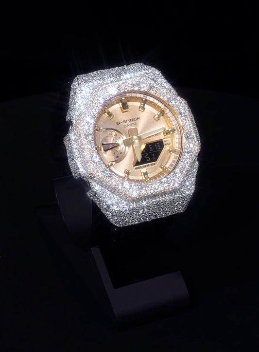 G-Shock GA-2100 men’s watch with a two-tone VVS Moissanite bezel